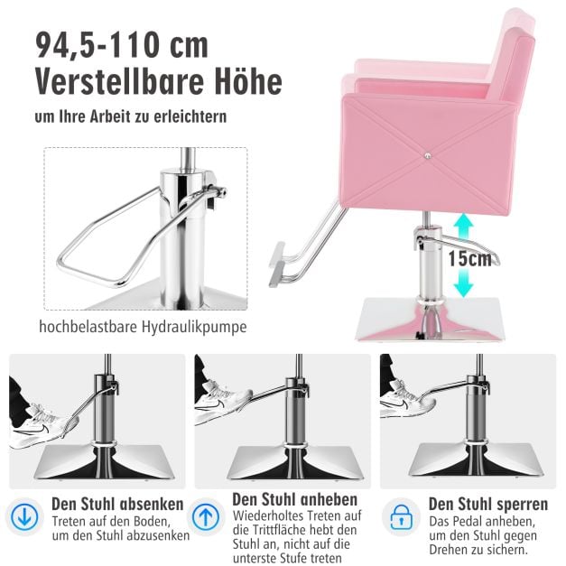 Coast Kappersstoel Roze – Hydraulische Salonstoel met Voetsteun – 63,5 x 79 x 94,5-110 c