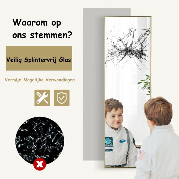 Coast Wandspiegel – Volledig Lichaamsniveau – Met Verstelbare Hanghaken – 37 x 120 cm – Gouden Kader
