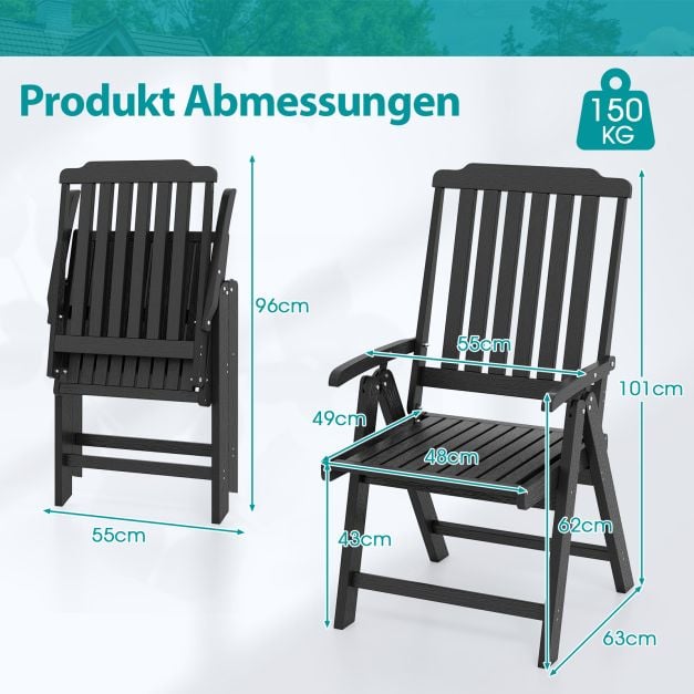 Coast Tuinstoel Zwart – Opvouwbare Kunststof Stoel met Hoge Rugleuning – 55 x 63 x 101 cm