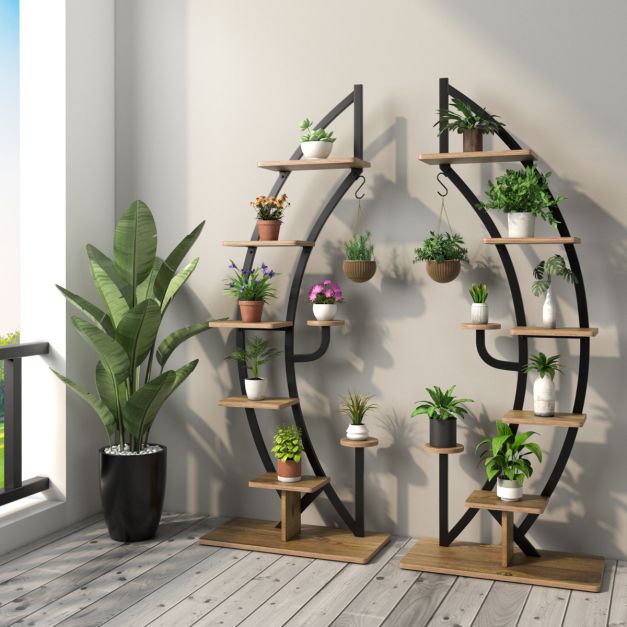 Coast 7-Lagen Halve Maanvormige Plantenstandaard – Metaal & Hout – 60x30x155 cm – Zwart/Houtkleur