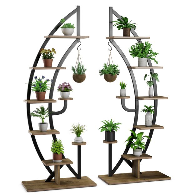Coast 7-Lagen Halve Maanvormige Plantenstandaard – Metaal & Hout – 60x30x155 cm – Zwart/Houtkleur