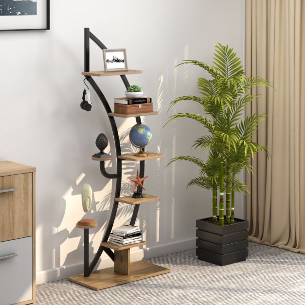 Coast 7-Lagen Halve Maanvormige Plantenstandaard – Metaal & Hout – 60x30x155 cm – Zwart/Houtkleur