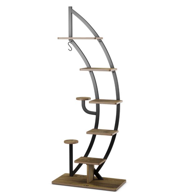 Coast 7-Lagen Halve Maanvormige Plantenstandaard – Metaal & Hout – 60x30x155 cm – Zwart/Houtkleur