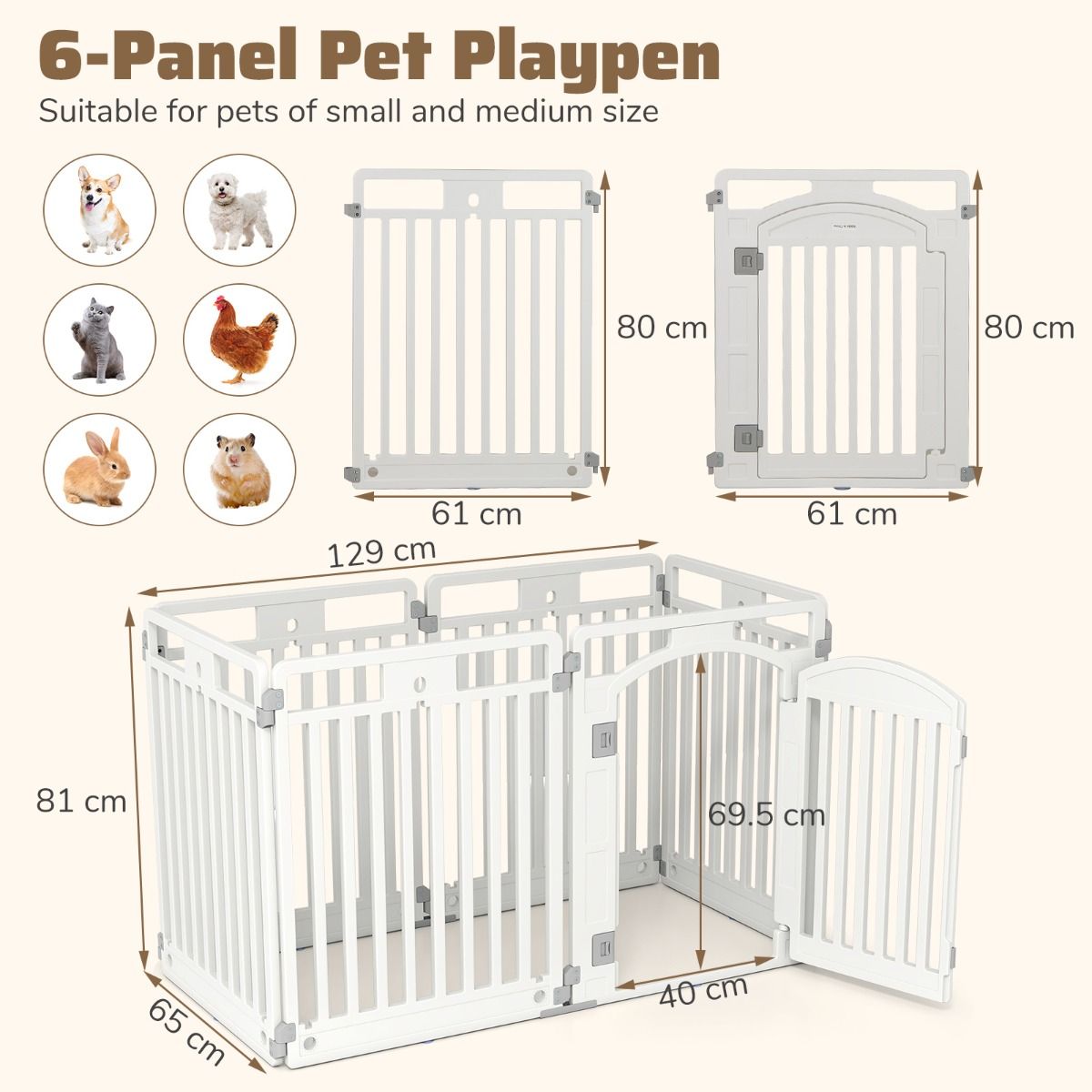 coast Vouwbare Puppyren 129 x 65 x 81 cm – Wit – 6 Panelen met Afsluitbare Deur & Grondpennen