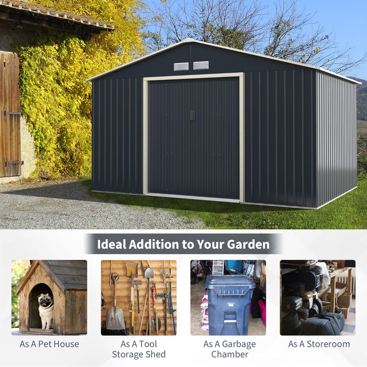 Coast - Metalen Tuinschuur (XXL) - 340 x 255 x 210 cm - Afsluitbaar - Dubbele Schuifdeur - 4 Ventilatiesleuven - Antraciet/Groen