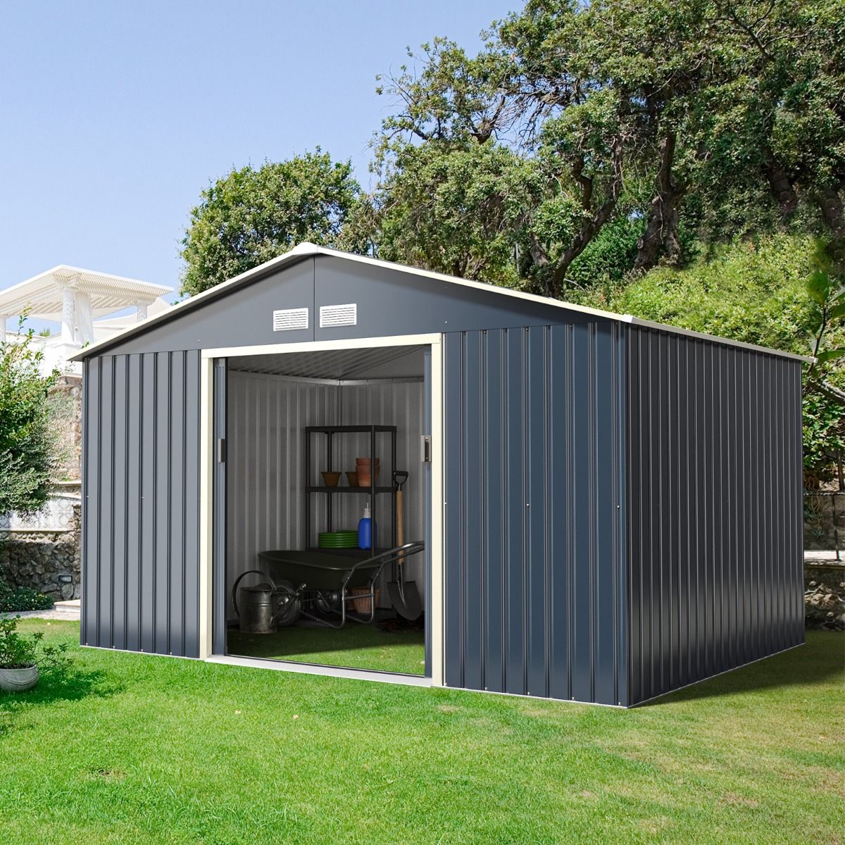Coast - Metalen Tuinschuur (XXL) - 340 x 255 x 210 cm - Afsluitbaar - Dubbele Schuifdeur - 4 Ventilatiesleuven - Antraciet/Groen