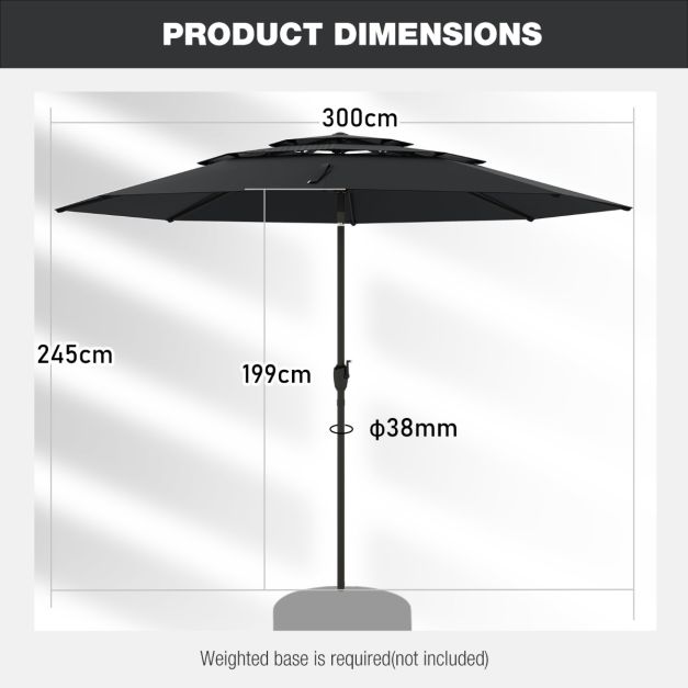 Coast Parasol 300 cm – 3-Laagse Tafelparasol met Kantelmechanisme en Handslinger – Zwart