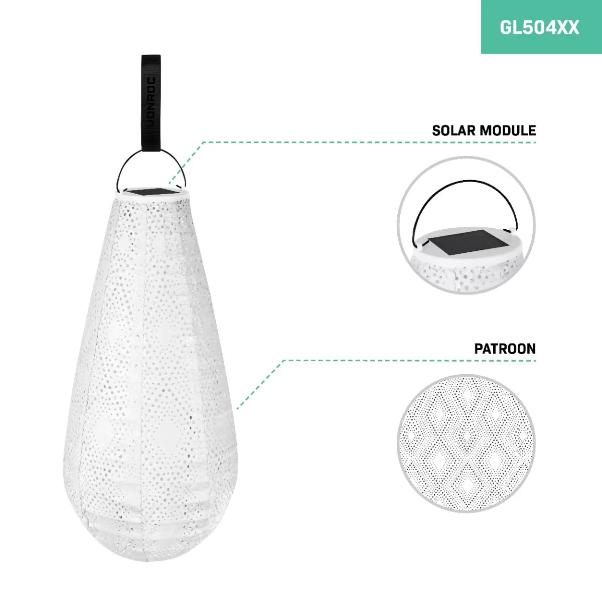 VONROC - Luna solar lampion Drop met LED – Wit - Handgemaakt – weerbestendig materiaal - 40x20 cm