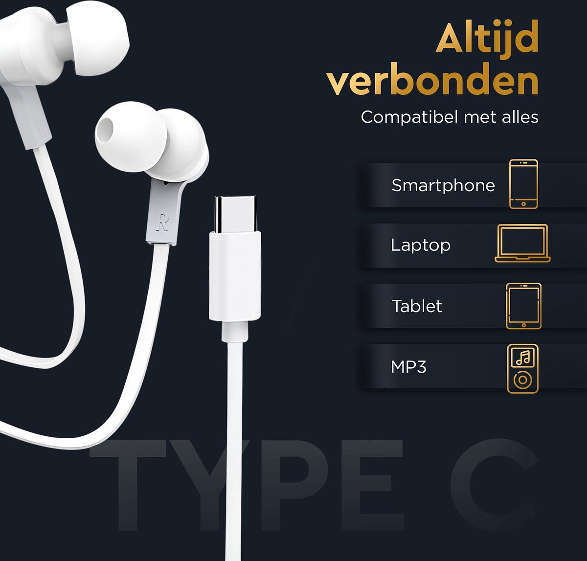Golden Sound Bedrade oordopjes - Siliconen eartips - Oordopjes met draad en microfoon USB-C aansluiting - Wit