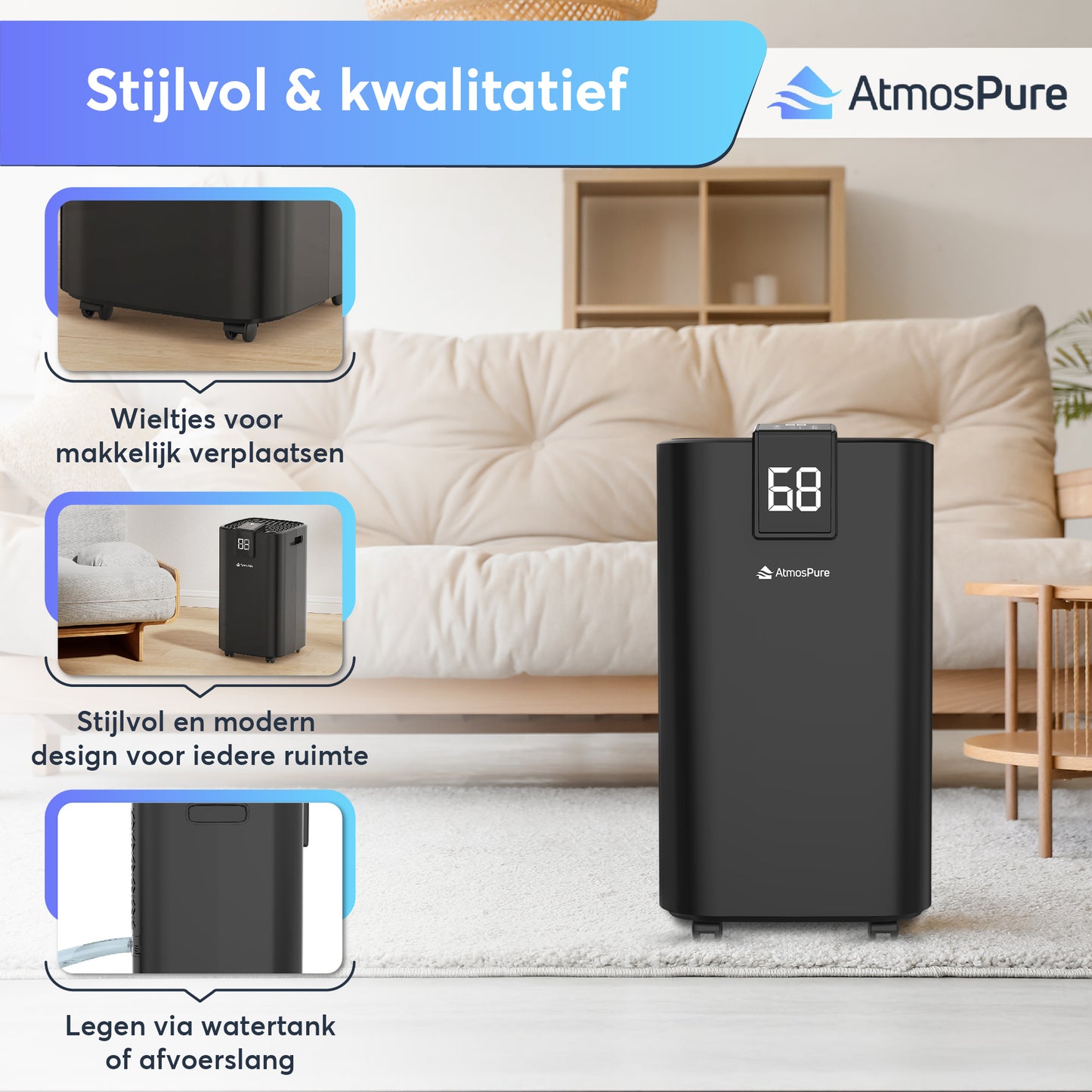 AtmosPure® Luchtontvochtiger AirDry Elite - 12L per Dag - Was-droog Functie - Luchtreiniger - Zwart