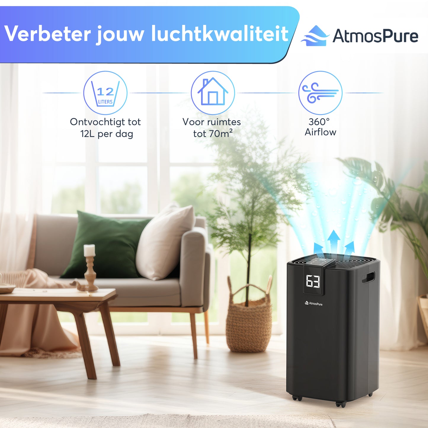 AtmosPure® Luchtontvochtiger AirDry Elite - 12L per Dag - Was-droog Functie - Luchtreiniger - Zwart