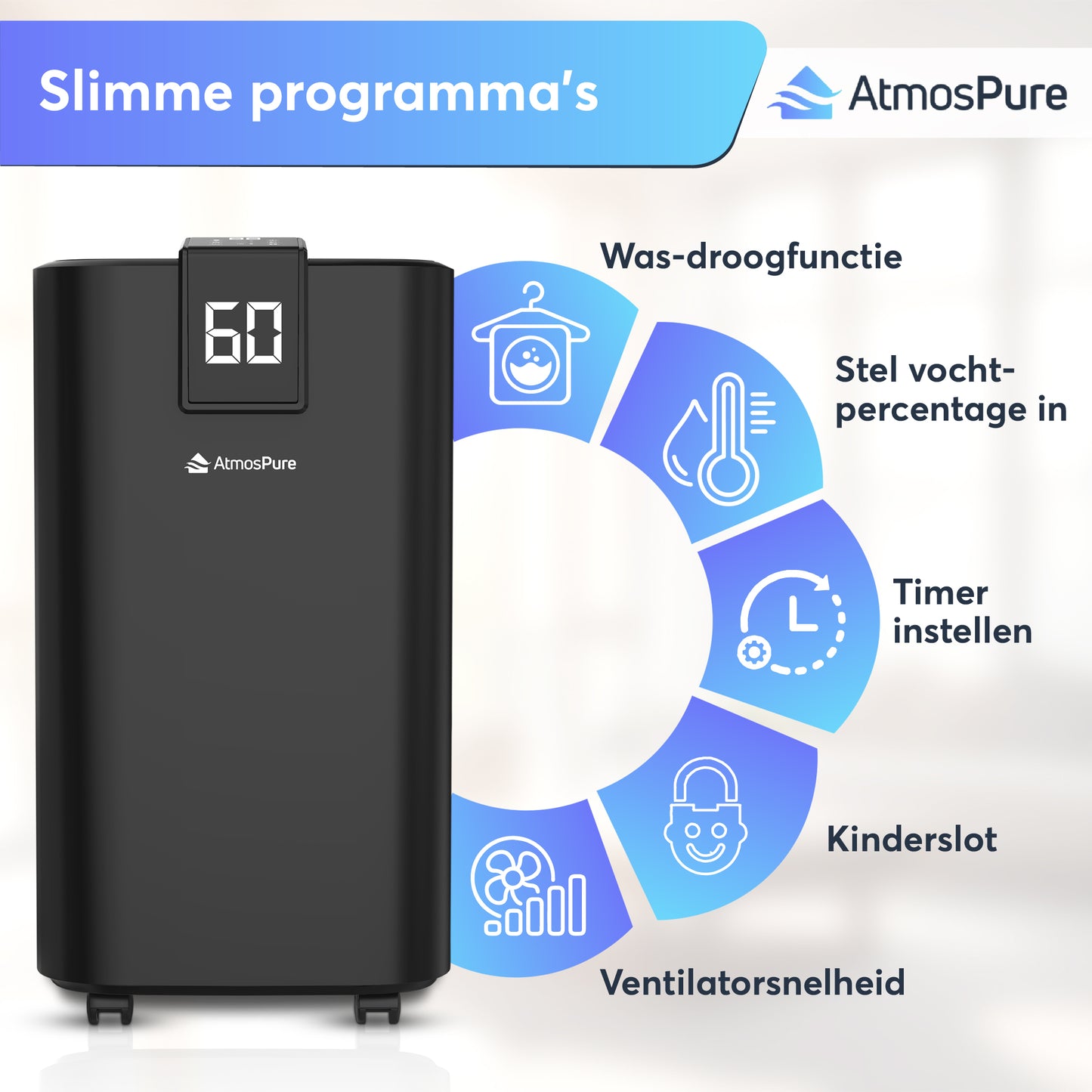 AtmosPure® Luchtontvochtiger AirDry Elite - 12L per Dag - Was-droog Functie - Luchtreiniger - Zwart