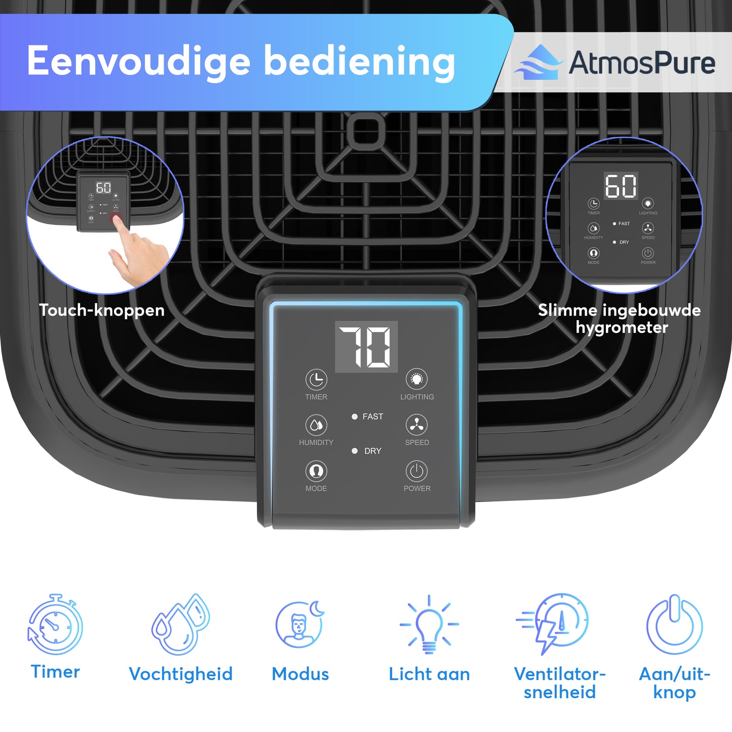 AtmosPure® Luchtontvochtiger AirDry Elite - 12L per Dag - Was-droog Functie - Luchtreiniger - Zwart