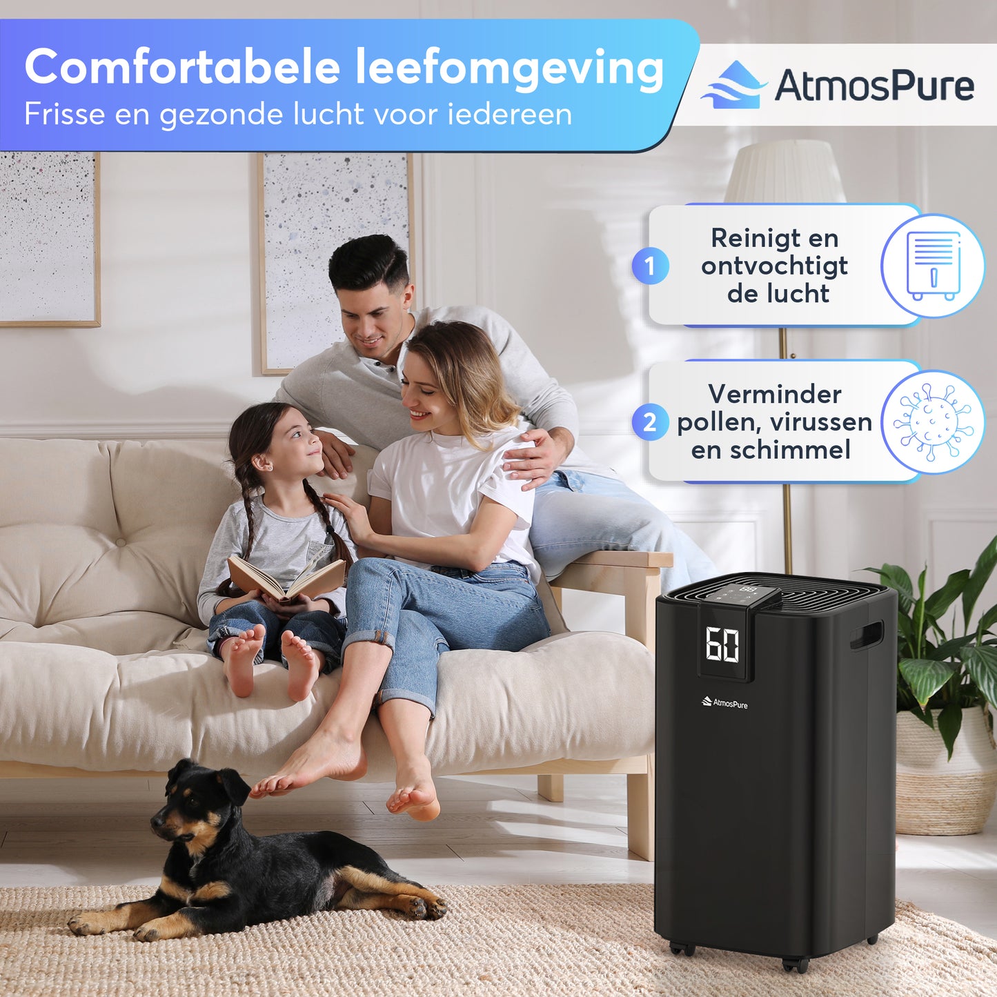 AtmosPure® Luchtontvochtiger AirDry Elite - 12L per Dag - Was-droog Functie - Luchtreiniger - Zwart