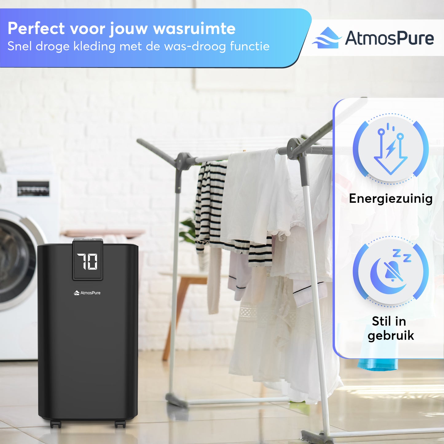 AtmosPure® Luchtontvochtiger AirDry Elite - 12L per Dag - Was-droog Functie - Luchtreiniger - Zwart