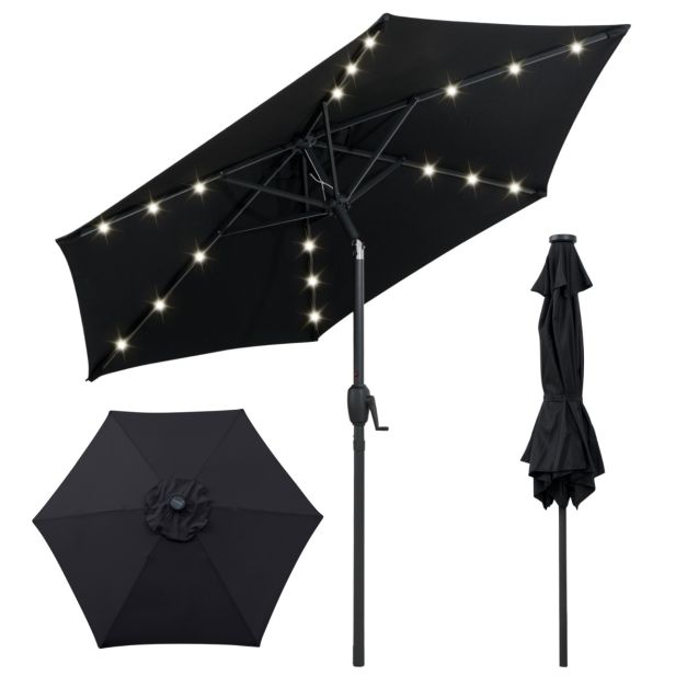 Coast Zonnescherm - Zonne-Energie - LED-verlichting - Kantelbaar tot 35° - Zwengelmechanisme - Geventileerd doek - 230 cm - Zwart