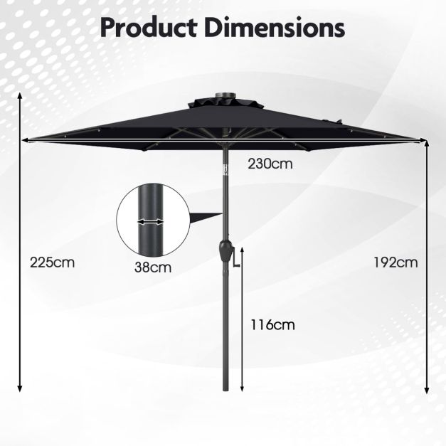 Coast Zonnescherm - Zonne-Energie - LED-verlichting - Kantelbaar tot 35° - Zwengelmechanisme - Geventileerd doek - 230 cm - Zwart