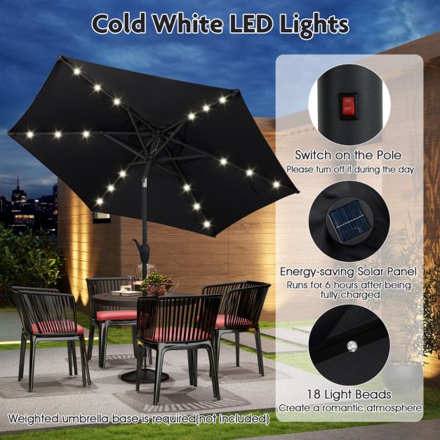 Coast Zonnescherm - Zonne-Energie - LED-verlichting - Kantelbaar tot 35° - Zwengelmechanisme - Geventileerd doek - 230 cm - Zwart