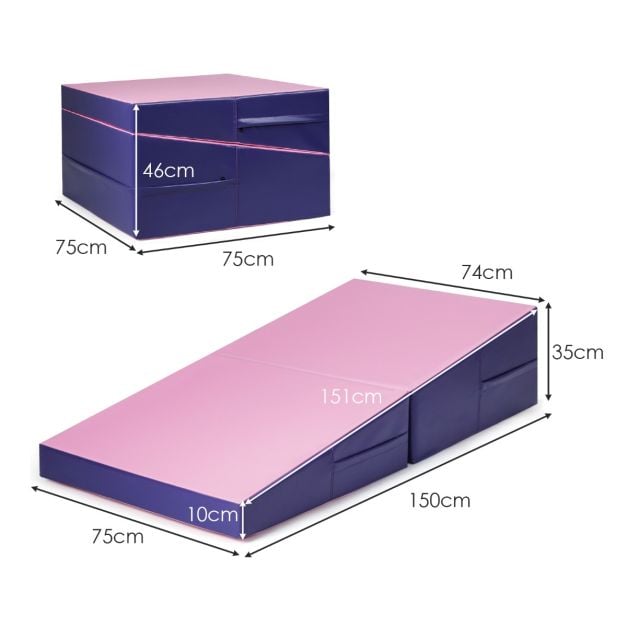 Coast Wigvormige Gymnastiekmat Roze/Paars – Opvouwbare 2-in-1 Trainingsmat met Handgrepen – 150 x 75 x 36 cm