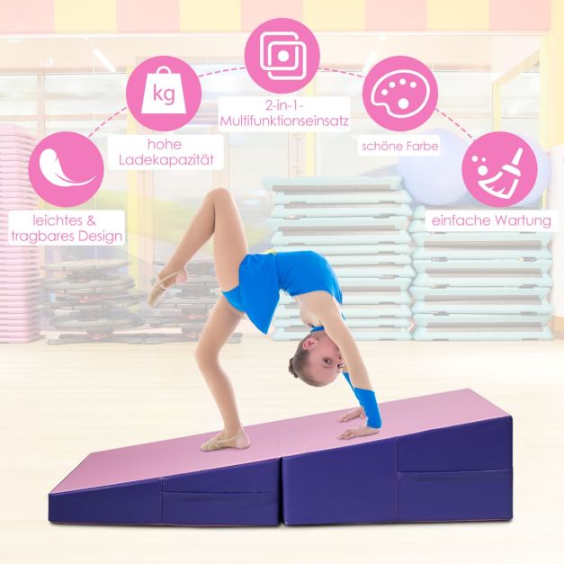 Coast Wigvormige Gymnastiekmat Roze/Paars – Opvouwbare 2-in-1 Trainingsmat met Handgrepen – 150 x 75 x 36 cm