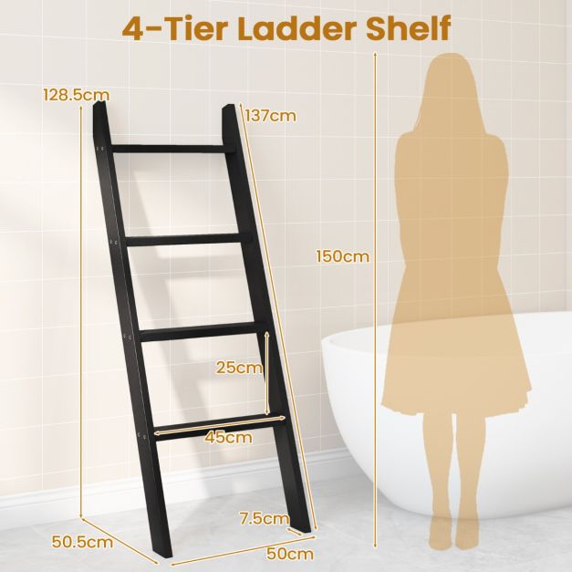 Coast Handdoekladder 4-laags - Zwart - 50 x 7,5 x 137 cm - Massief hout - Wand- en leunmodel