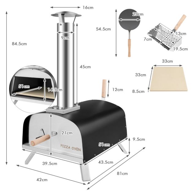 Coast Pizzaoven incl. Accessoires - Staal - 42 x 81 x 85 cm - Zwart