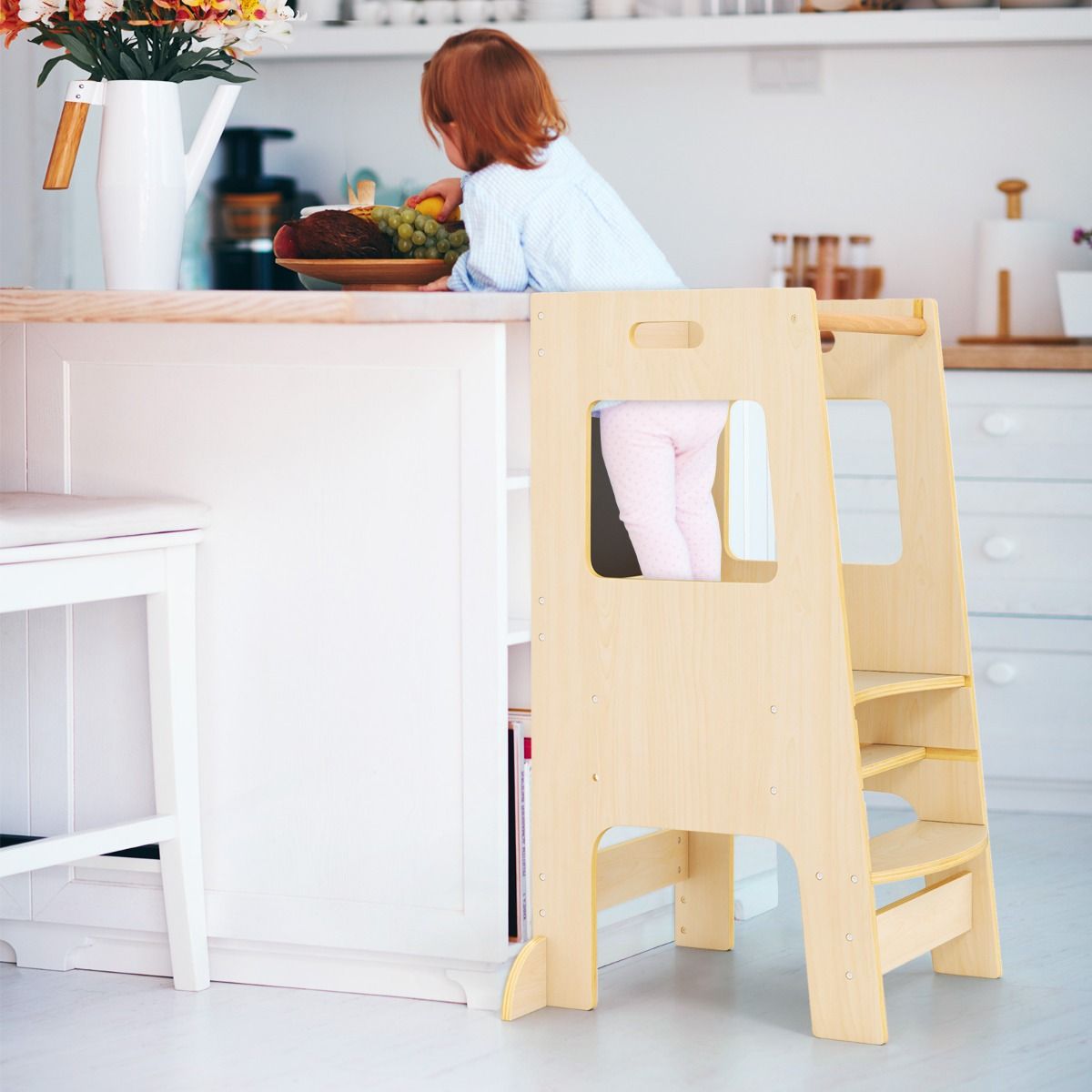 Coast Keukentrapje voor Peuters - Houten Kinderkrukje met Activiteitenbord - Verstelbaar 30/40 cm - Veiligheidsreling - Naturel 60 x 49 x 91,5 cm