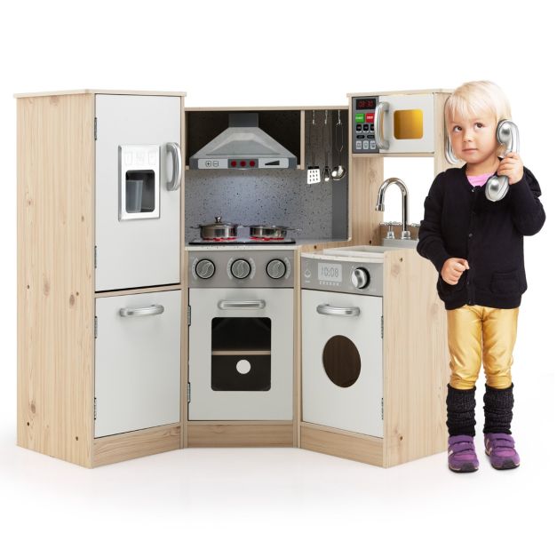 Coast hoek keuken hoek speel keuken met geluid en lichte kinderkeuken gemaakt van hout inclusief speelaccessoires wit + natuur