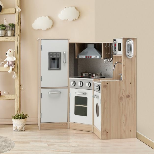 Coast hoek keuken hoek speel keuken met geluid en lichte kinderkeuken gemaakt van hout inclusief speelaccessoires wit + natuur