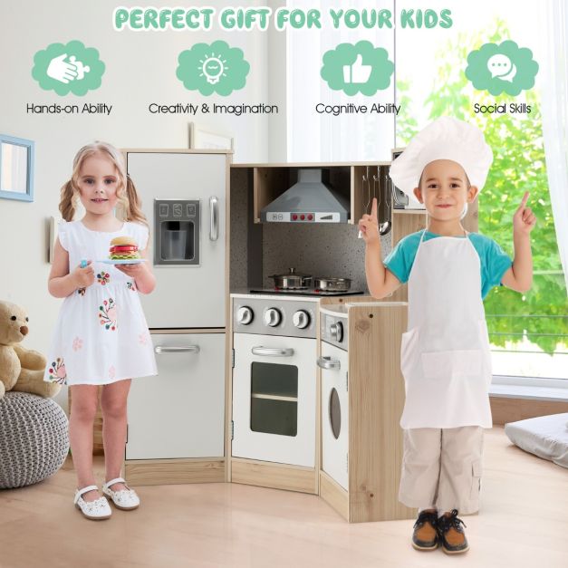 Coast hoek keuken hoek speel keuken met geluid en lichte kinderkeuken gemaakt van hout inclusief speelaccessoires wit + natuur