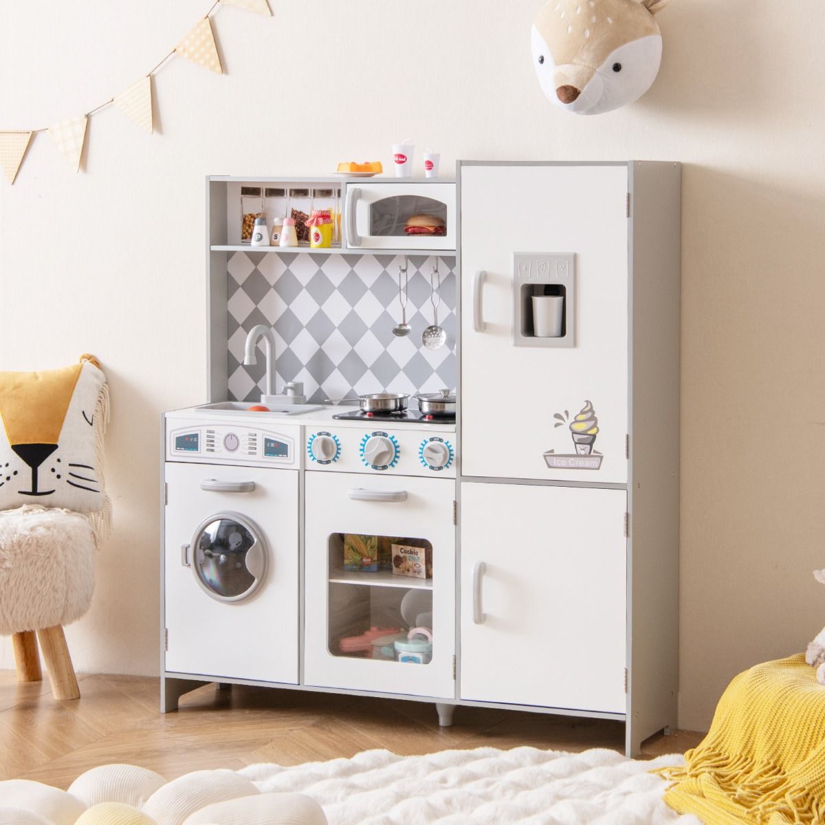 Coast Houten Speelkeuken XXL - Fornuis met Licht & Geluid, Ijsmachine, Wasmachine - 91 x 30 x 102 cm - MDF/Kunststof - Wit