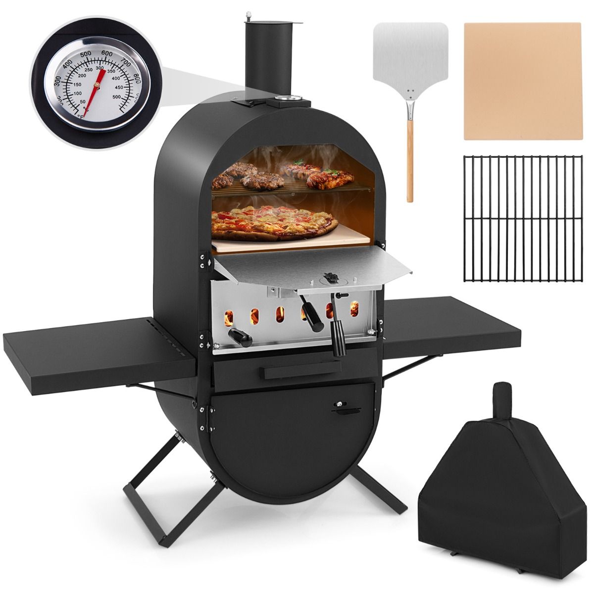 Coast Houtgestookte Pizzaoven voor Buiten - Zwart - 98 x 31 x 98 cm - Inclusief Pizzasteen, Pizzaschep en Beschermhoes