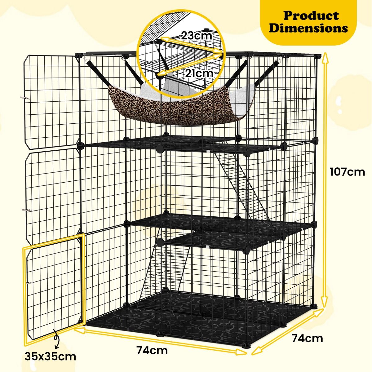 Coast Kattenren 107 cm Hoog – 3 Verdiepingen – Met Hangmat, Ladders en Plateaus – Zwart – 74 x 74 x 107 cm