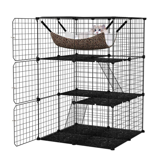 Coast Kattenren 107 cm Hoog – 3 Verdiepingen – Met Hangmat, Ladders en Plateaus – Zwart – 74 x 74 x 107 cm