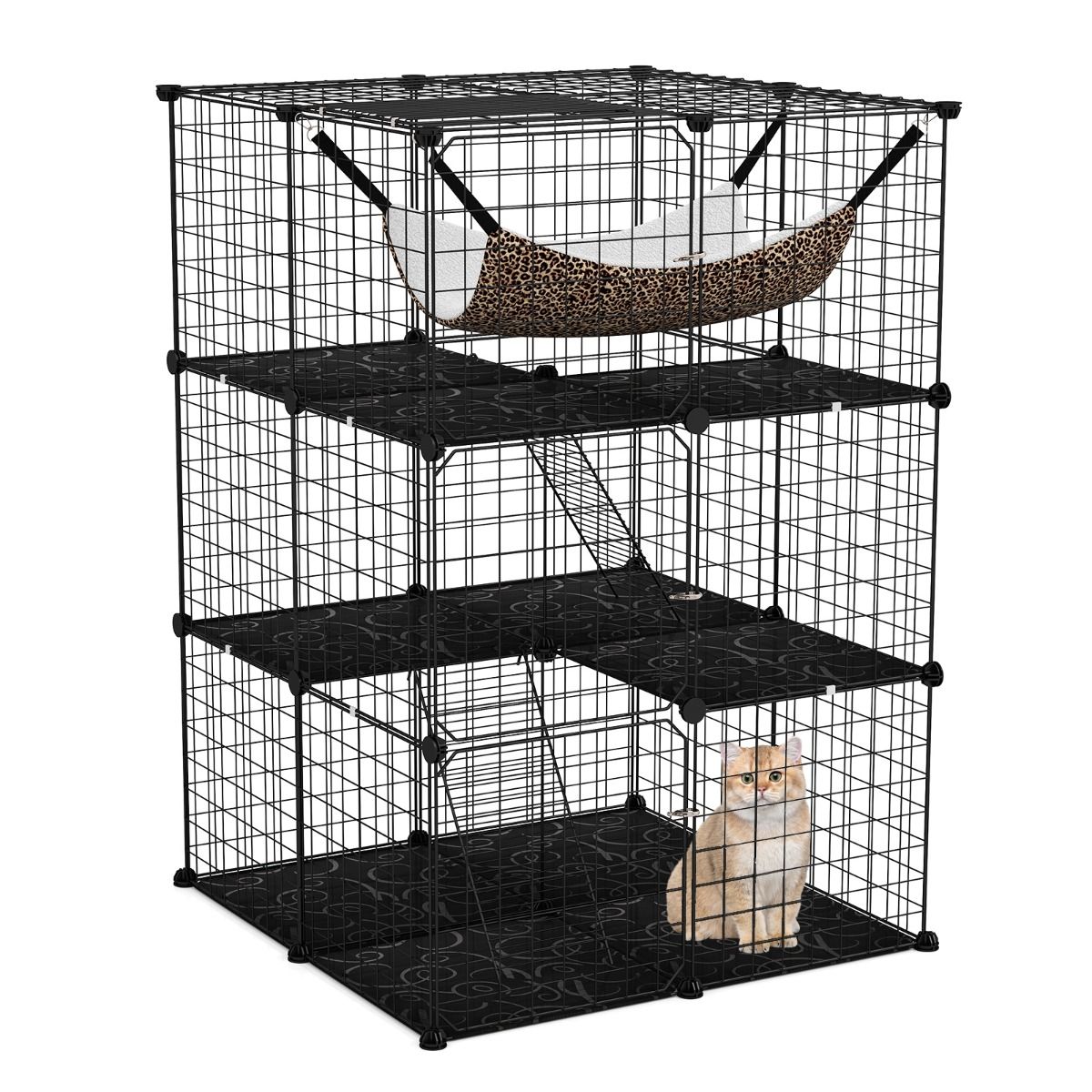 Coast Kattenren 107 cm Hoog – 3 Verdiepingen – Met Hangmat, Ladders en Plateaus – Zwart – 74 x 74 x 107 cm