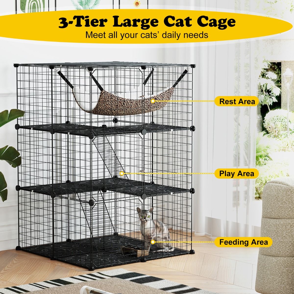 Coast Kattenren 107 cm Hoog – 3 Verdiepingen – Met Hangmat, Ladders en Plateaus – Zwart – 74 x 74 x 107 cm
