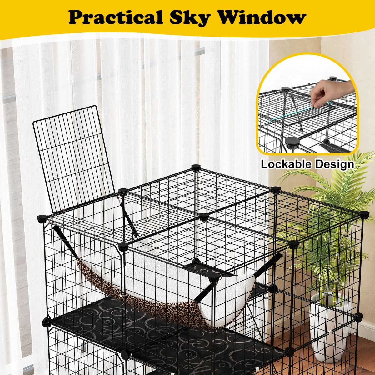 Coast Kattenren 107 cm Hoog – 3 Verdiepingen – Met Hangmat, Ladders en Plateaus – Zwart – 74 x 74 x 107 cm