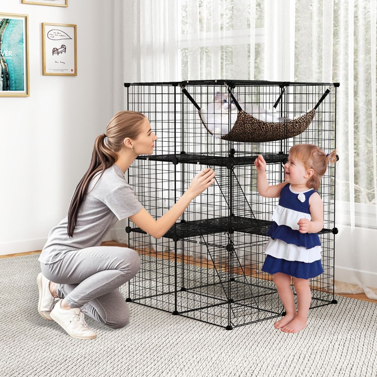 Coast Kattenren 107 cm Hoog – 3 Verdiepingen – Met Hangmat, Ladders en Plateaus – Zwart – 74 x 74 x 107 cm