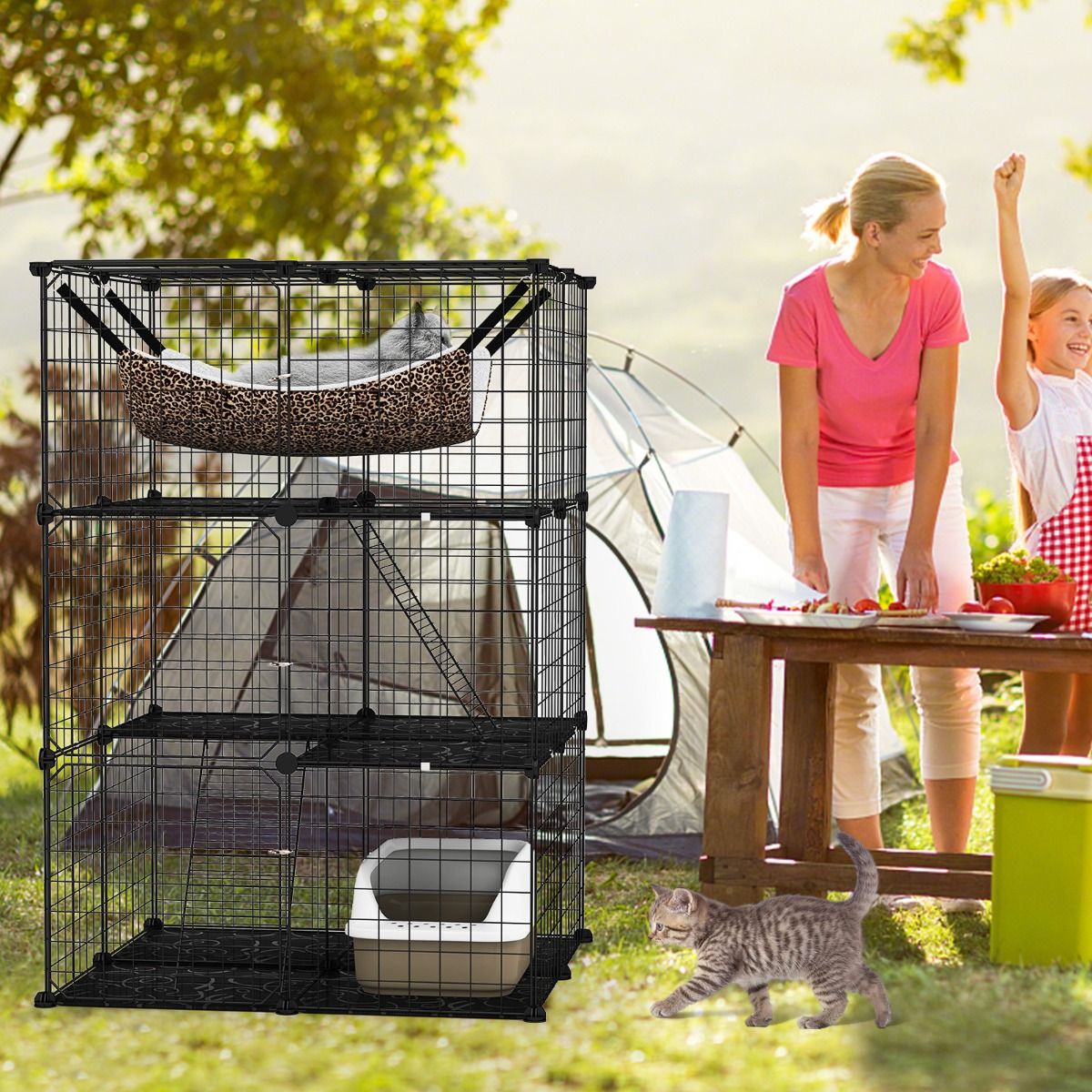 Coast Kattenren 107 cm Hoog – 3 Verdiepingen – Met Hangmat, Ladders en Plateaus – Zwart – 74 x 74 x 107 cm