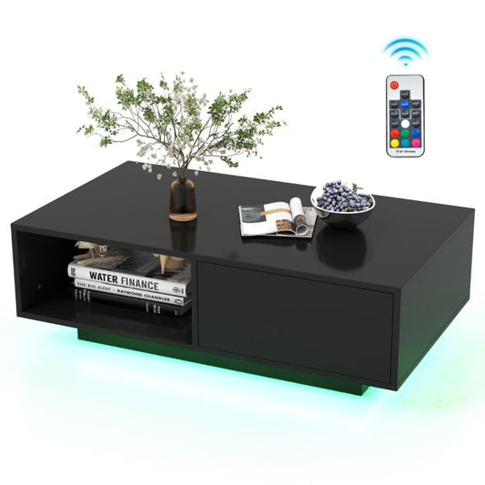 Coast LED Salontafel Hoogglans - Met Afstandsbediening, Lade & Open Vak - 95 x 55 x 31 cm - MDF/Houtcomposiet - Zwart