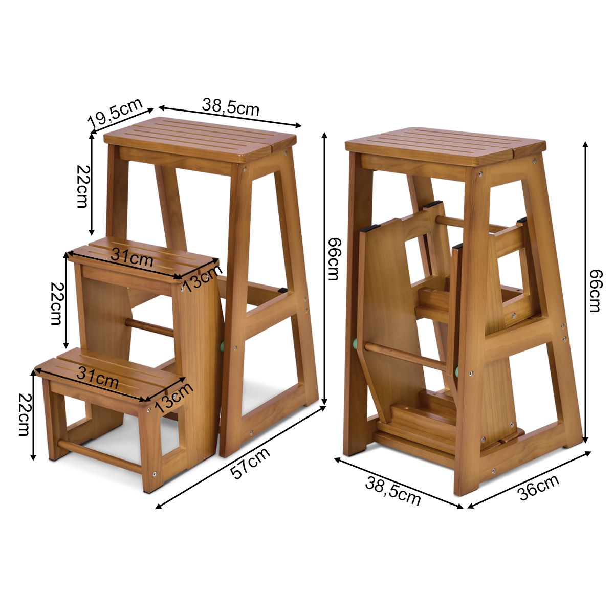 Coast Opstapkruk - Bijzettafel - 3 Treden - Max. 136 kg - Massief hout - 57 x 38 x 66 cm - Dennenhout