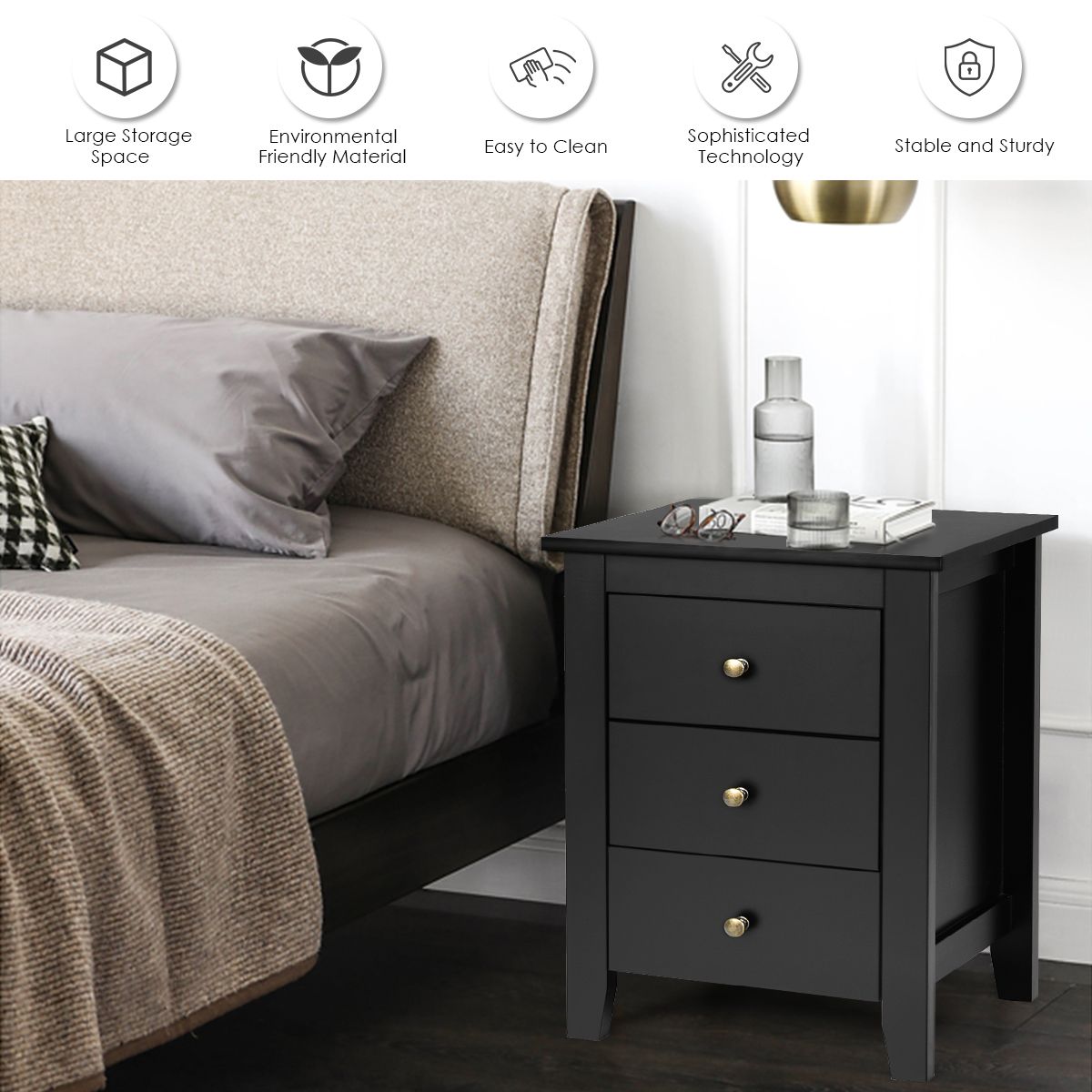 Coast set van 2 Nachtkastjes – 3 Lades – 46 x 37 x 65 cm – Zwart