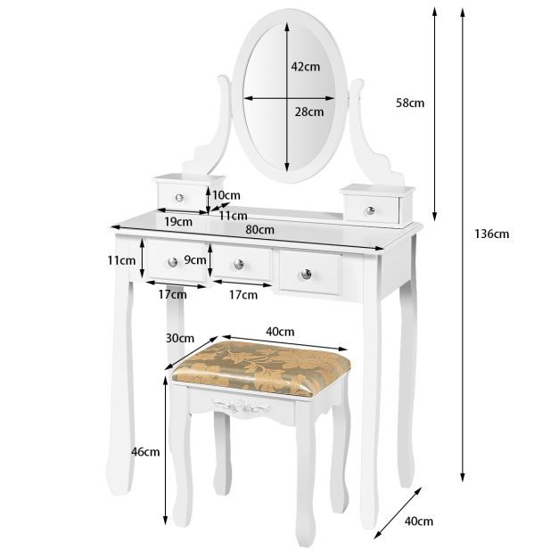 Coast Kaptafel - 360° Draaibaar - MDF - Incl. Kruk - 80 x 40 x 136 cm - Wit
