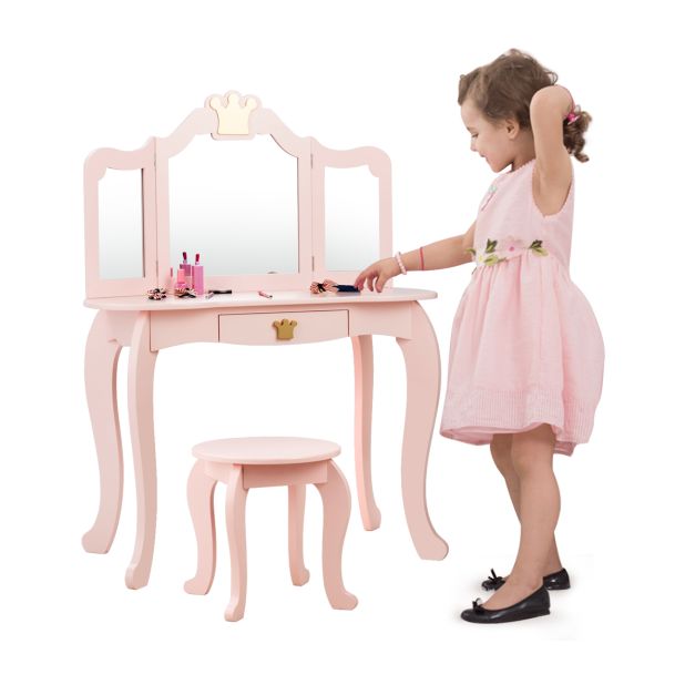 Coast Kinderkaptafel met Krukje - Spiegeltafel - 80x42x105cm - Roze