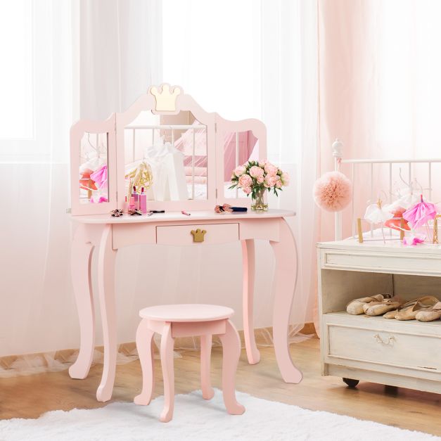 Coast Kinderkaptafel met Krukje - Spiegeltafel - 80x42x105cm - Roze