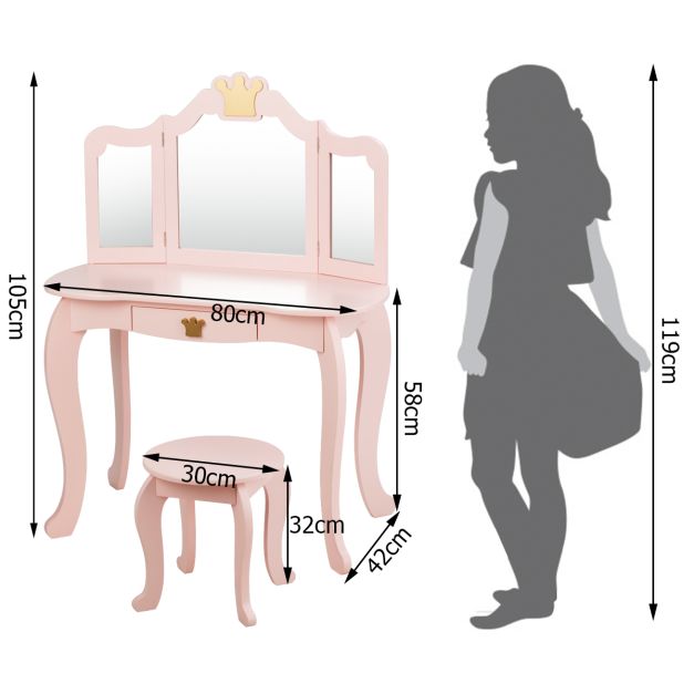 Coast Kinderkaptafel met Krukje - Spiegeltafel - 80x42x105cm - Roze