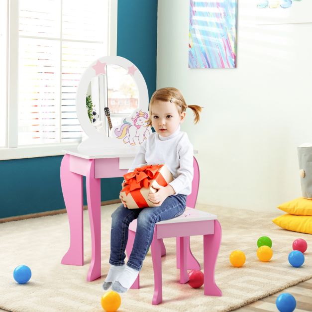 Coast Make-Up Tafel met Spiegel en Lade - Inclusief Krukje - 49,5 x 35,5 x 89 cm - Wit+Roze