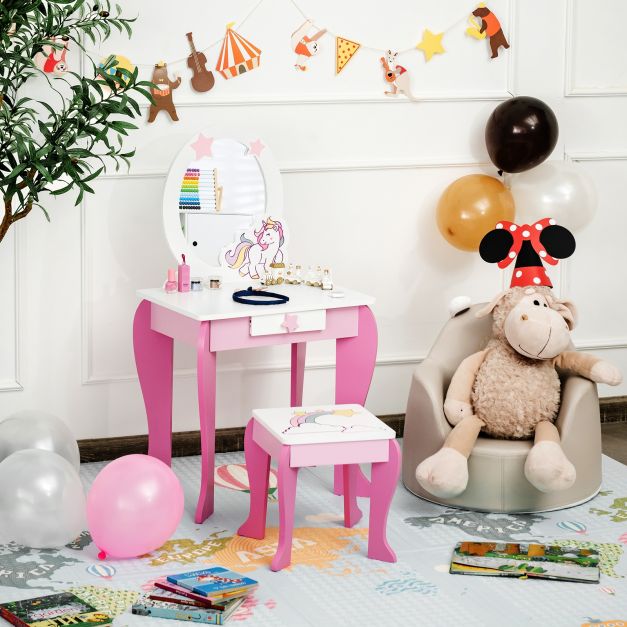Coast Make-Up Tafel met Spiegel en Lade - Inclusief Krukje - 49,5 x 35,5 x 89 cm - Wit+Roze