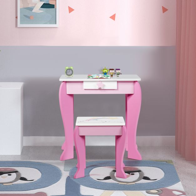 Coast Make-Up Tafel met Spiegel en Lade - Inclusief Krukje - 49,5 x 35,5 x 89 cm - Wit+Roze