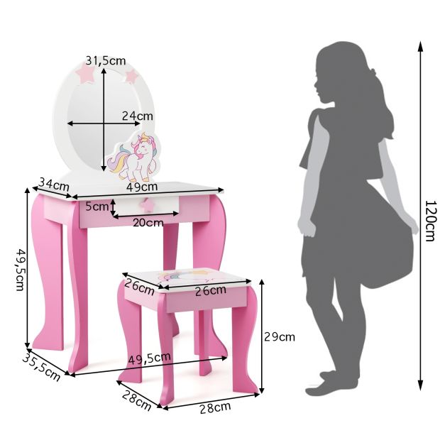 Coast Make-Up Tafel met Spiegel en Lade - Inclusief Krukje - 49,5 x 35,5 x 89 cm - Wit+Roze